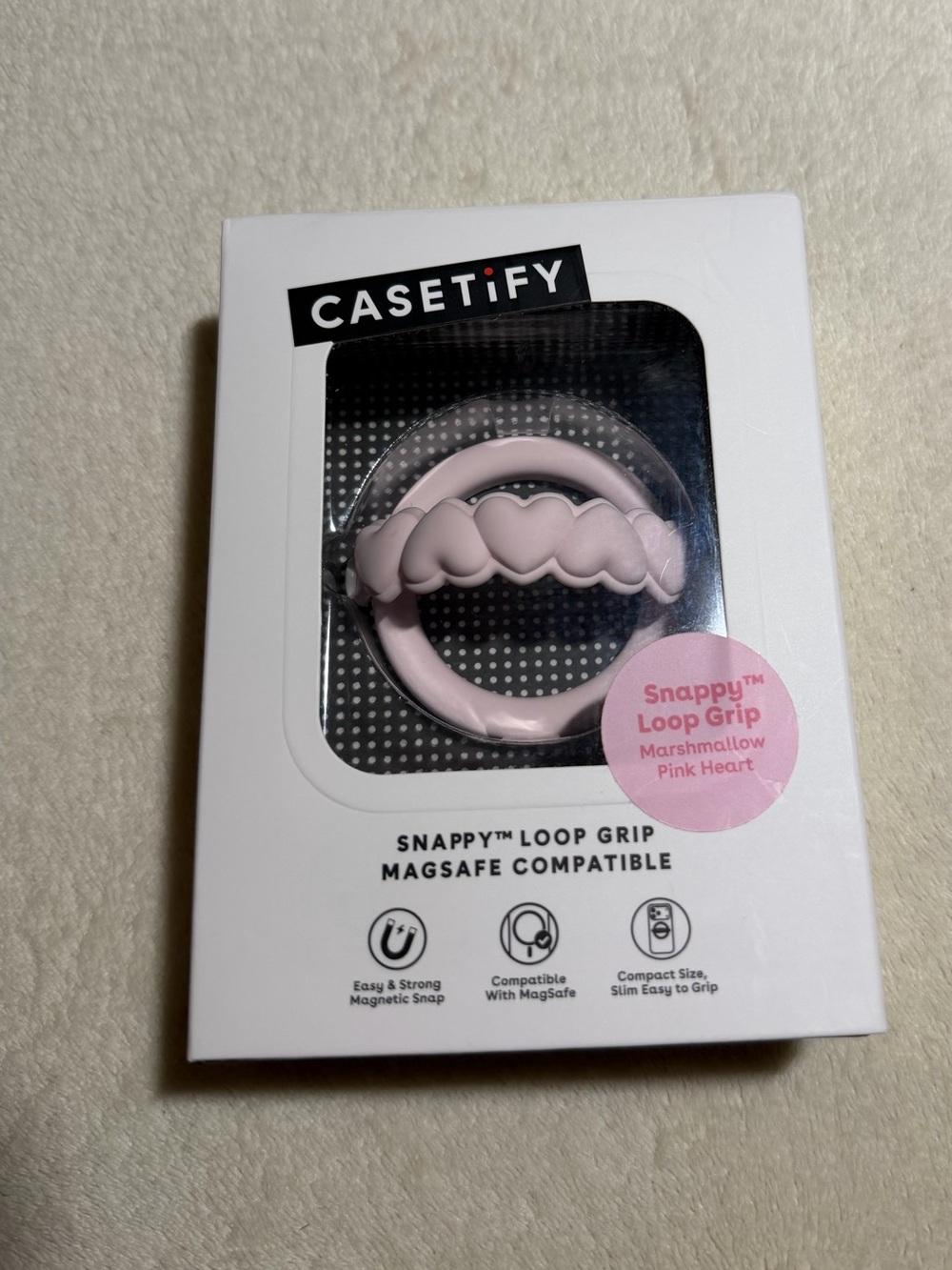 Casetify Snappy Loop Grip MagSafe Compatible Marshmallow Pink Heart